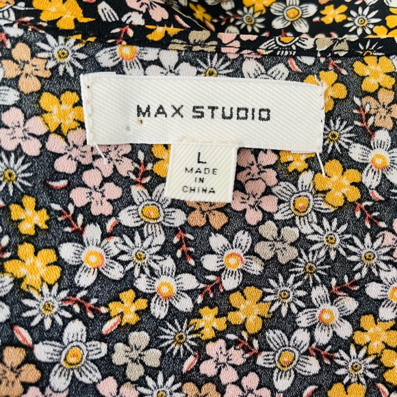 Max Studio Black Pink Yellow White Floral Blouse Ruffle Size L - Picture 7 of 7